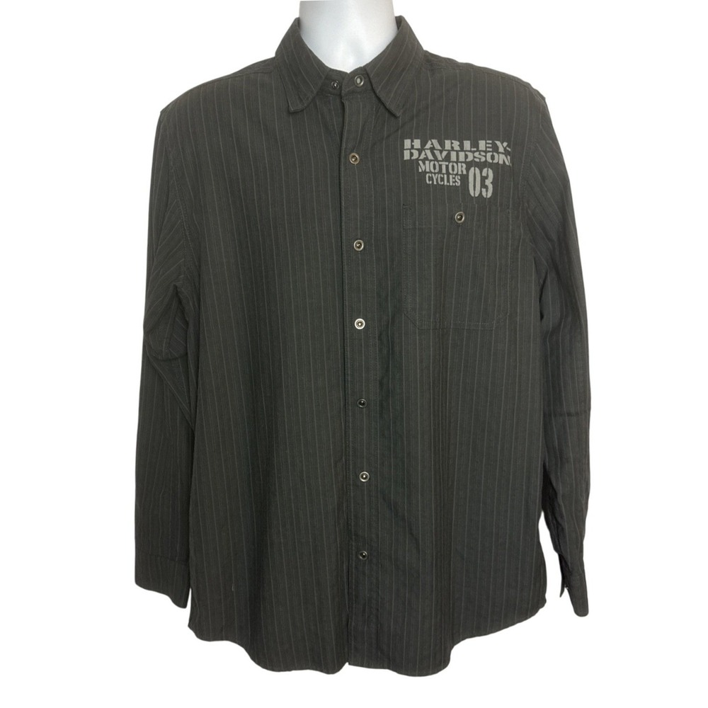 Harley‎ Davidson Mens Med Shirt Gray Striped Snap Motorcycle Garage Bikercore